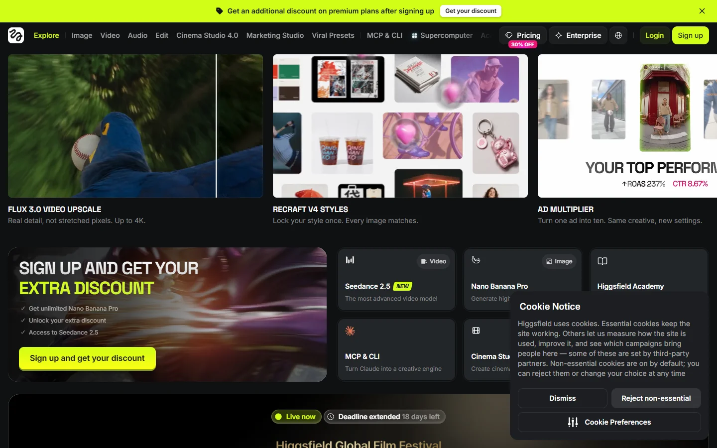 Higgsfield homepage showing its cinematic model catalogue