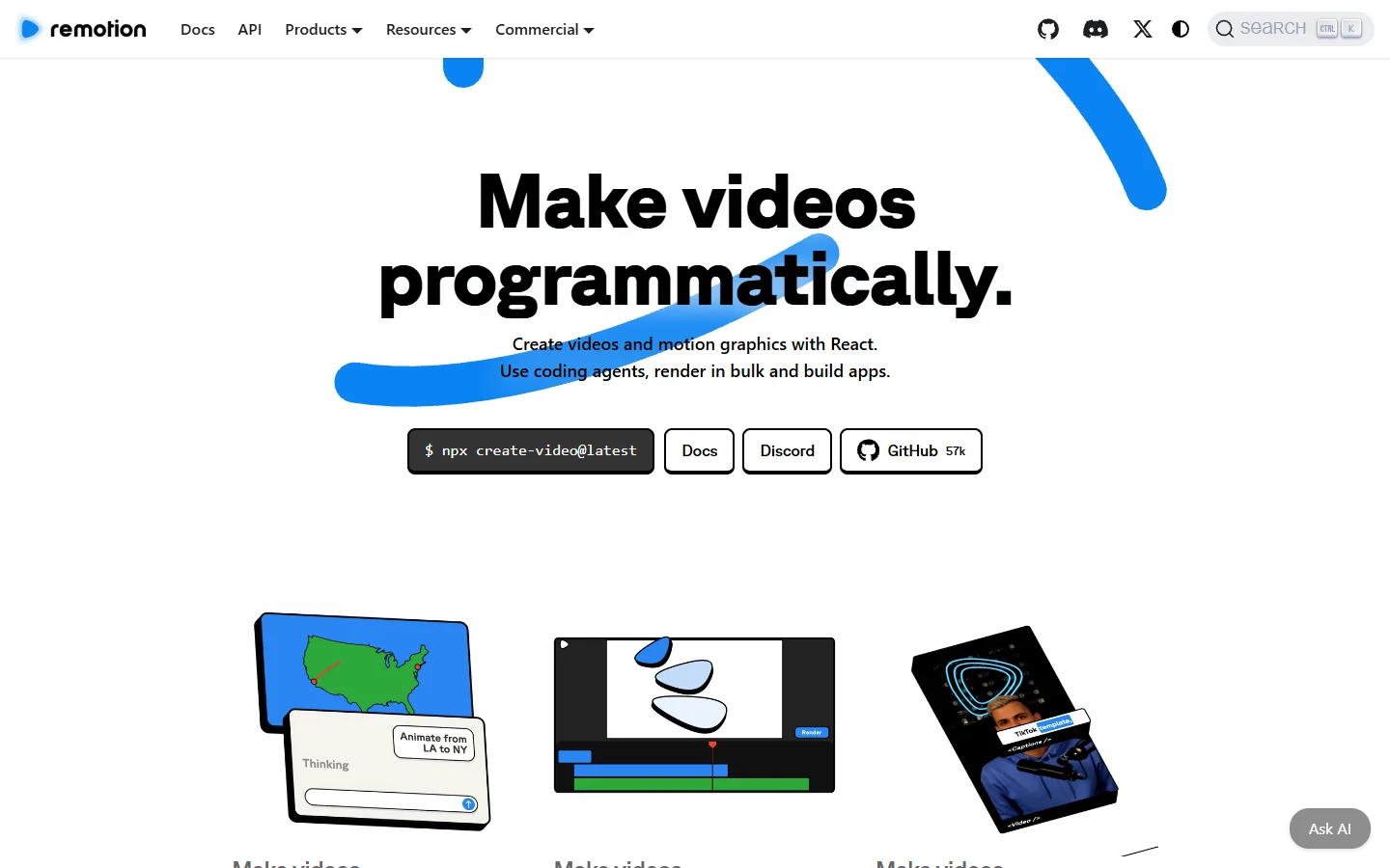 Remotion homepage showing React-based video rendering