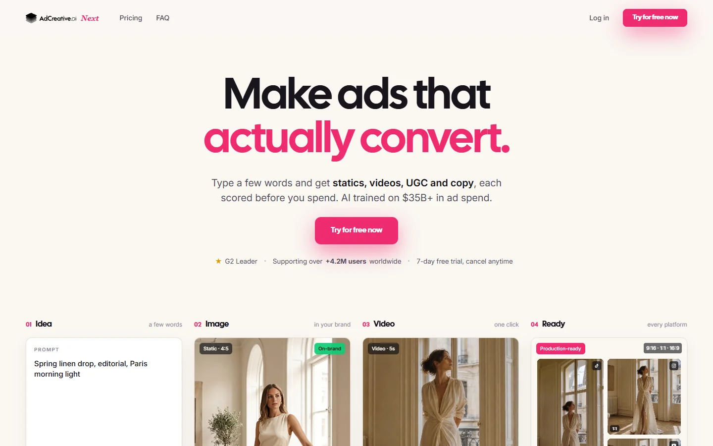 AdCreative.ai homepage showing generated ad banner variations