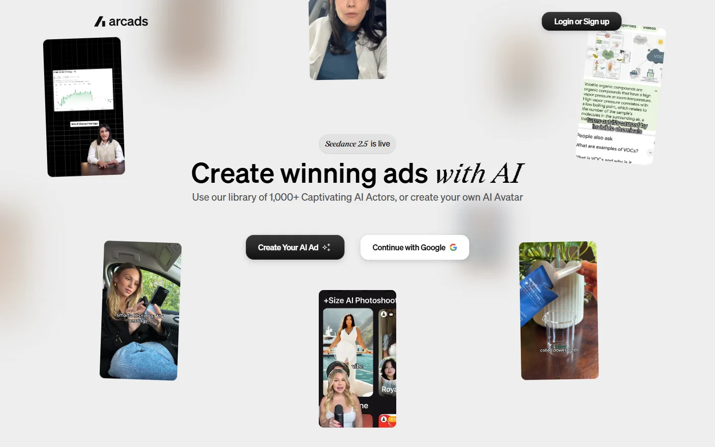 Arcads homepage showing AI actor video ad library