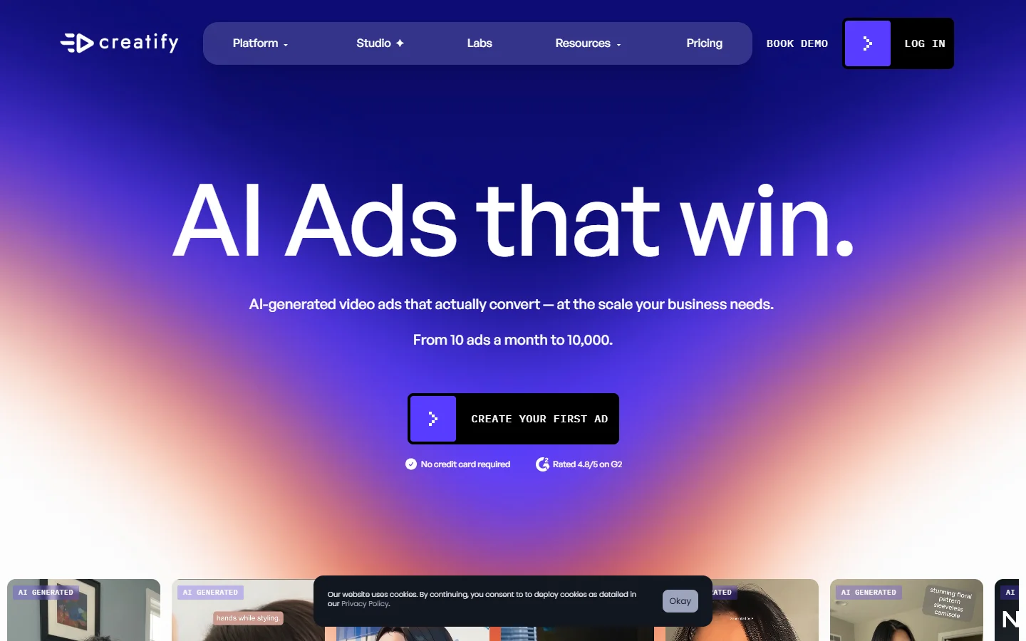 Creatify homepage showing AI avatar video ad generation