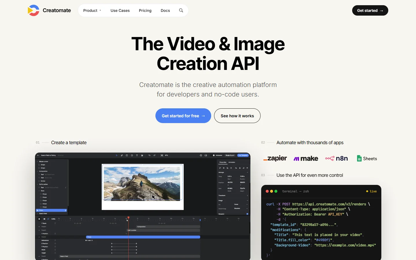 Creatomate homepage describing its video and image creation API