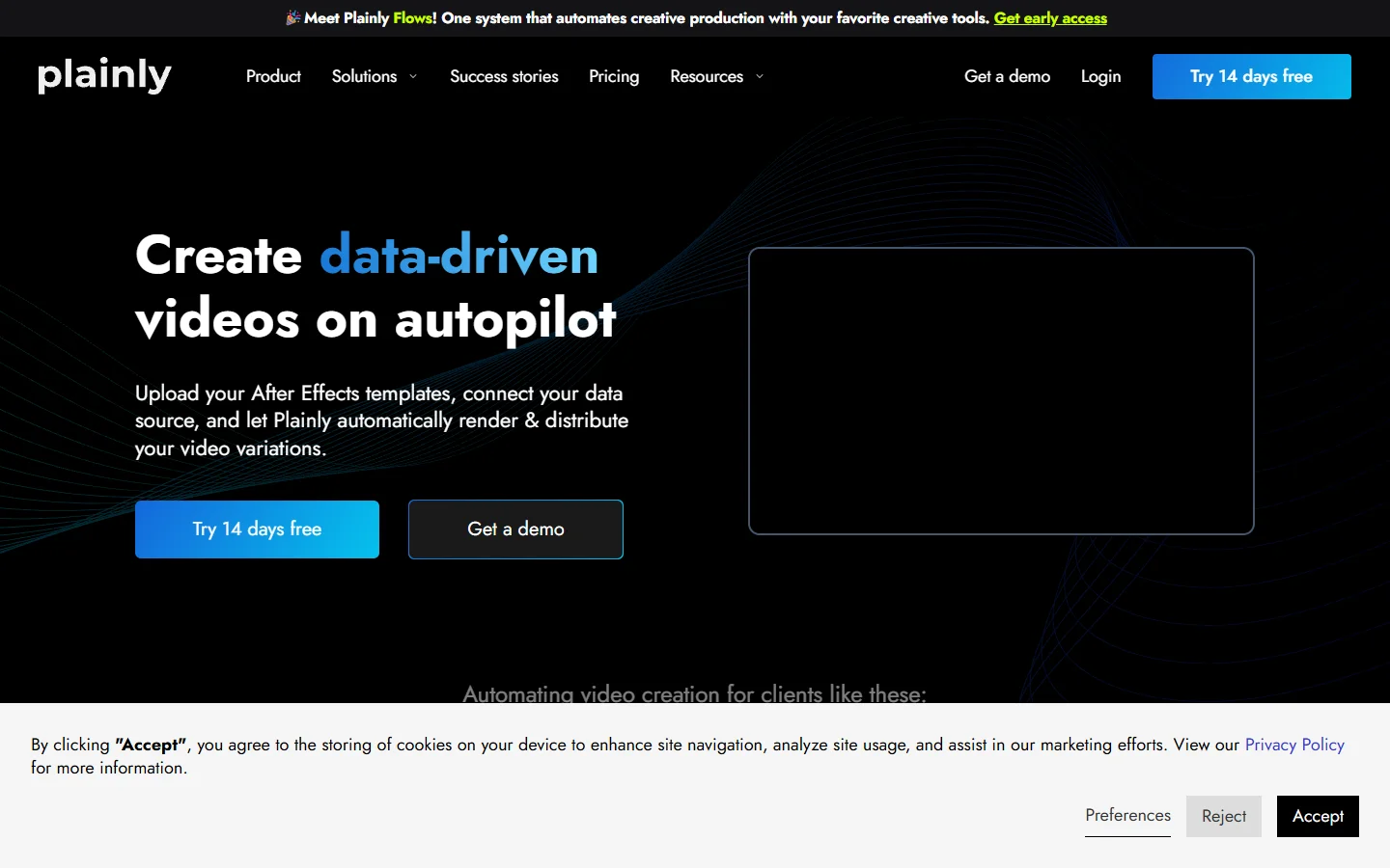 Plainly homepage showing data-driven video rendering from After Effects templates