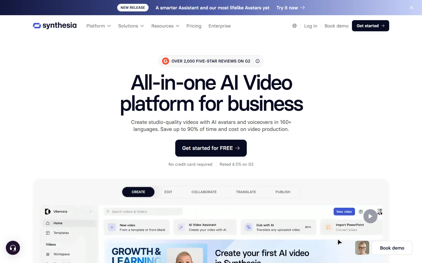 Synthesia homepage describing its AI avatar video platform for business