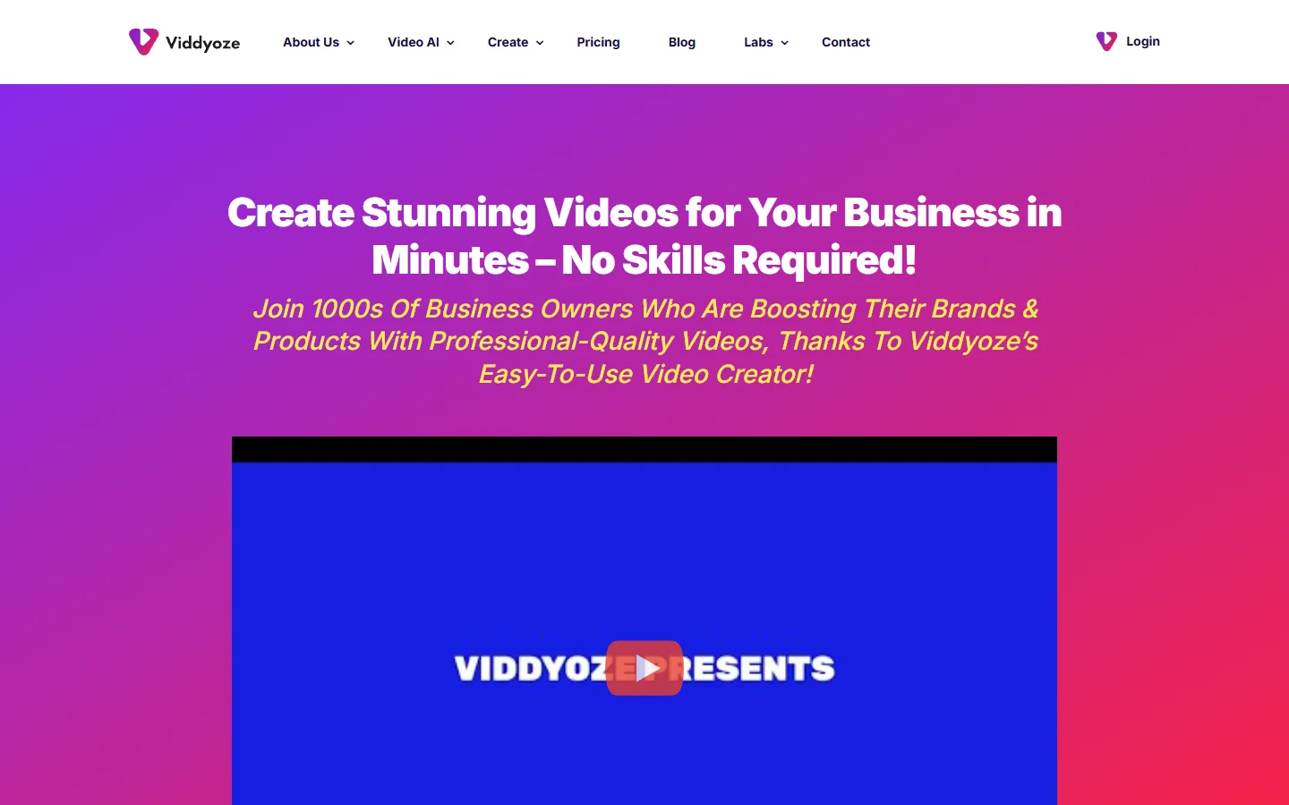 Viddyoze homepage promoting template-based business video creation