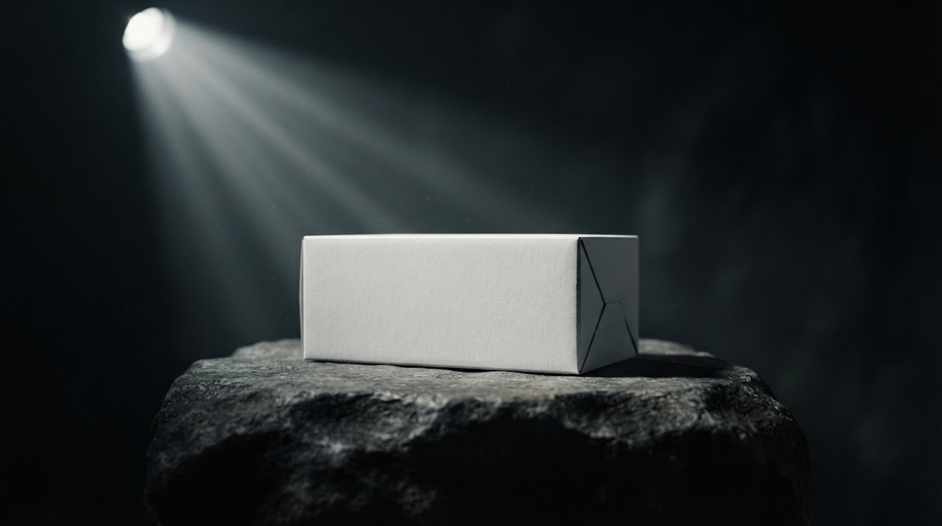 Unlabeled white product box on a stone pedestal under a single hard spotlight