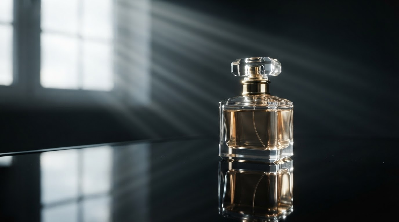 FLUX 1.1 Pro product still of a crystal perfume bottle on black mirror glass with window light streaks