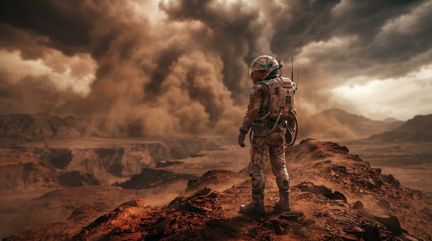 Astronaut seen from behind on a red desert ridge under a dust storm, matching the hero frame