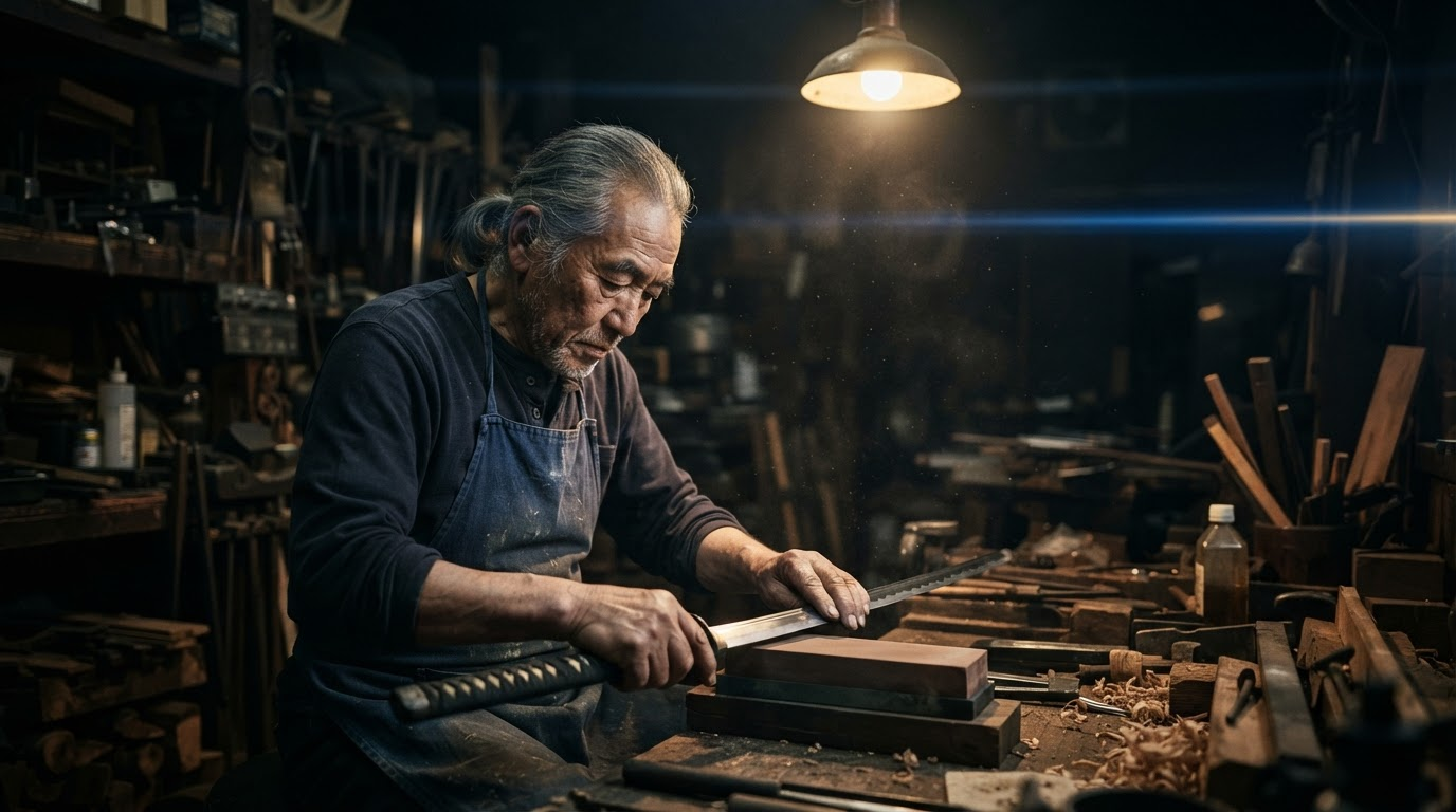 Craftsman working under a single hanging lamp in a dark workshop, shot as a detail insert