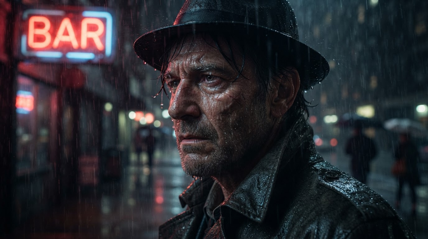 Weathered detective lit by a neon bar sign in heavy night rain, framed as a trailer key shot