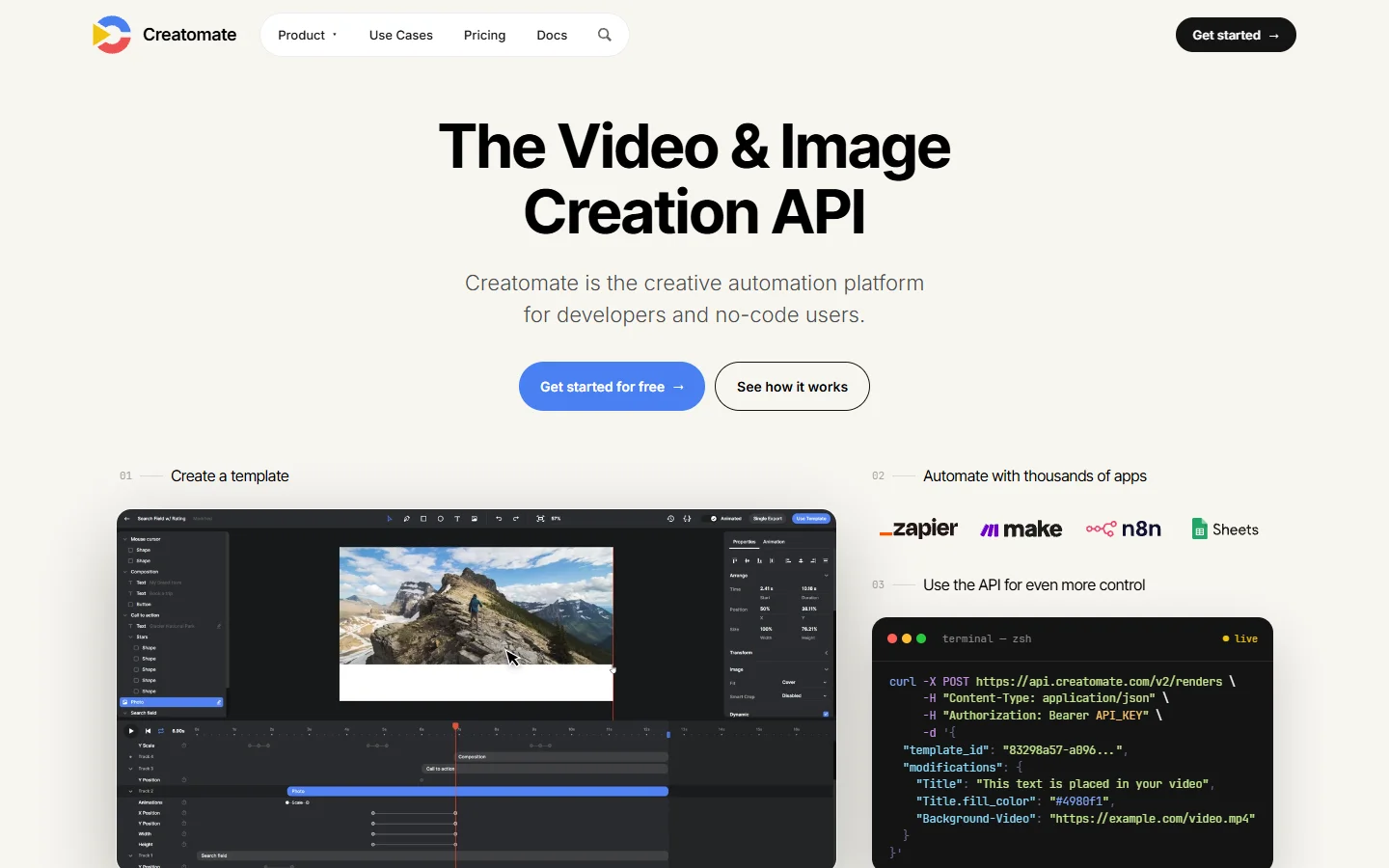 Creatomate homepage showing the template-based video API