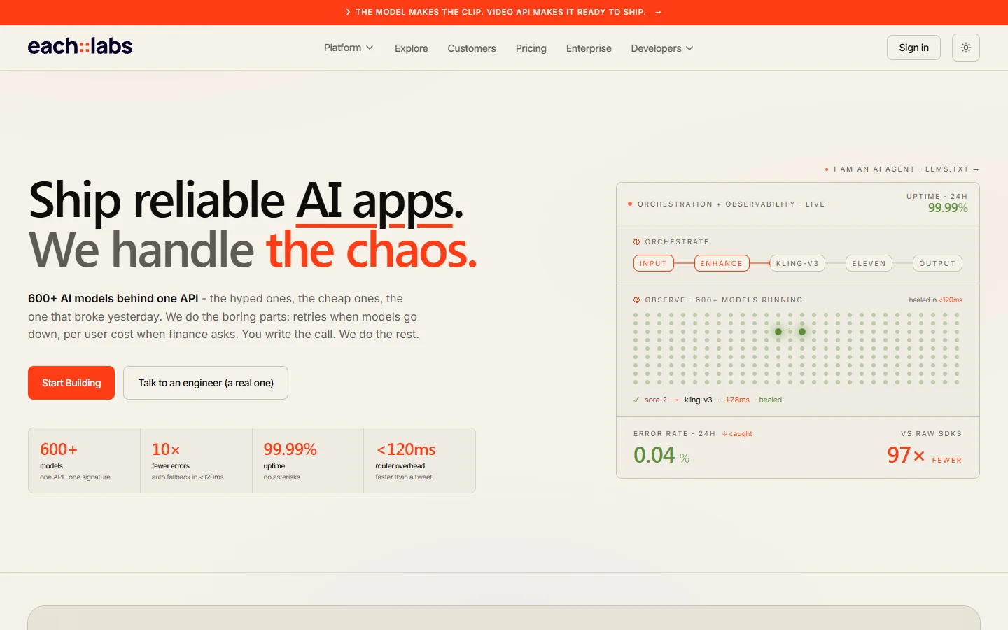 Eachlabs homepage showing the hosted AI model workflow product