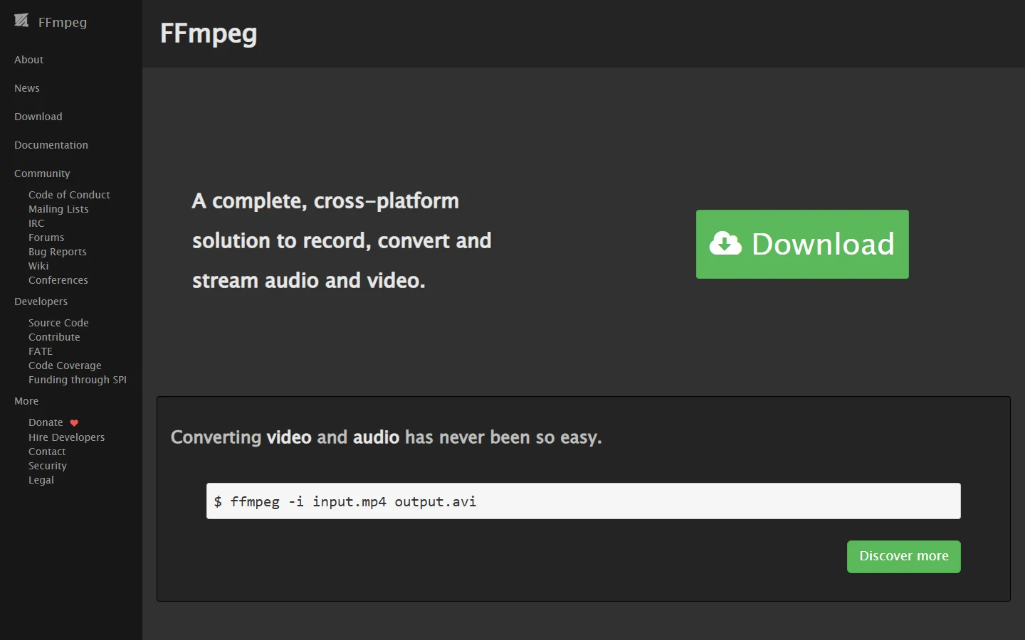 FFmpeg project homepage showing the open source multimedia framework